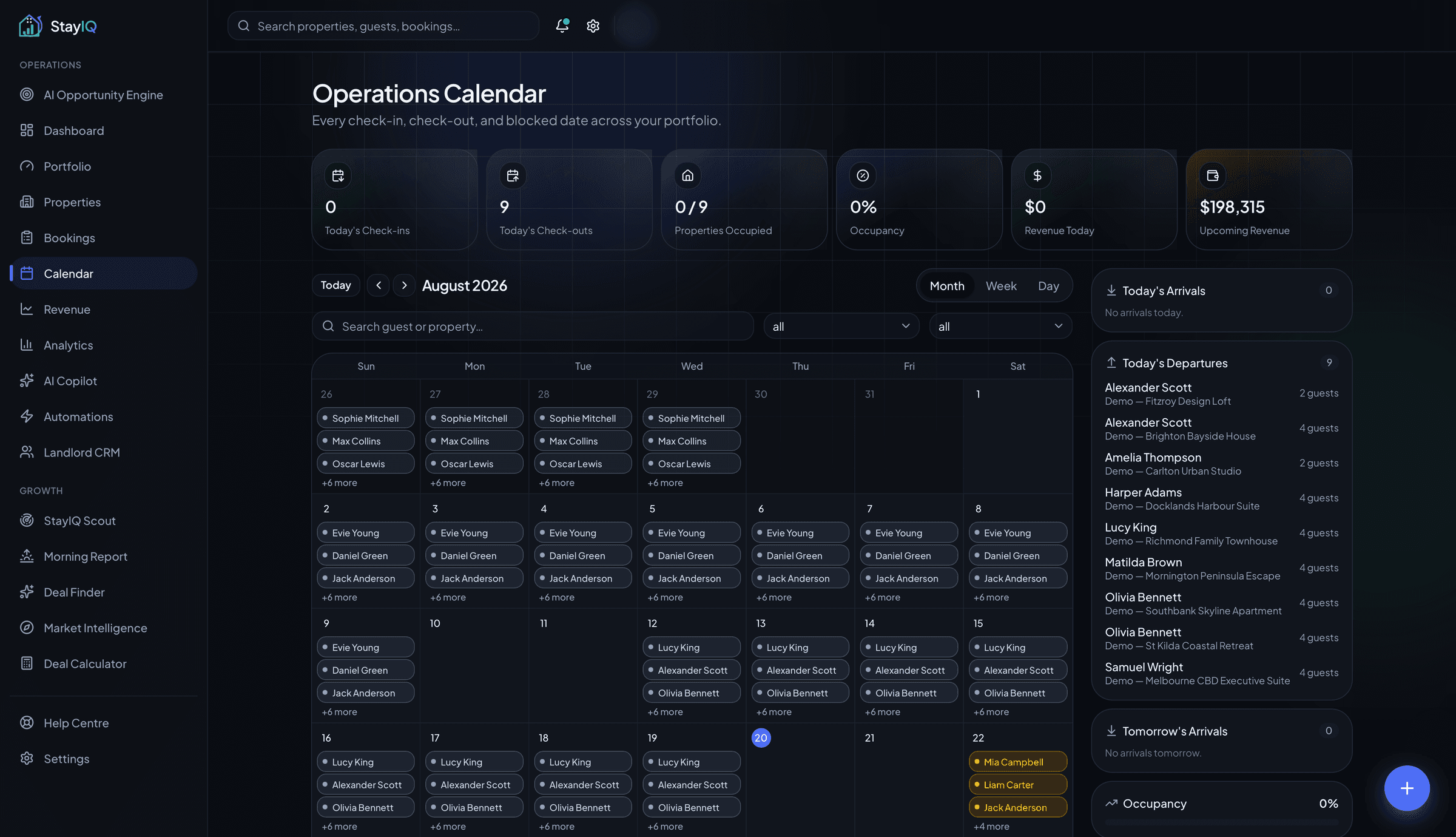 StayIQ Operations Calendar showing connected booking periods, check-ins, check-outs, arrivals and departures across an account-scoped property portfolio